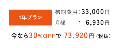 1年プラン 初期費用33,000円 月額6,930円 今なら30%OFFで 73,920円（税抜）