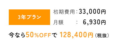 3年プラン 初期費用33,000円 月額6,930円 今なら50%OFFで 128,400円（税抜）